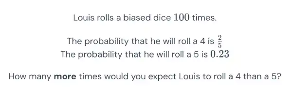 Louis rolls a biased dice 100 times. The probability that he will roll a 4 is (2)/(5) The probability that he will roll a 5 is 0.23 How many more times would you expect Louis to roll a 4 than a 5 ?