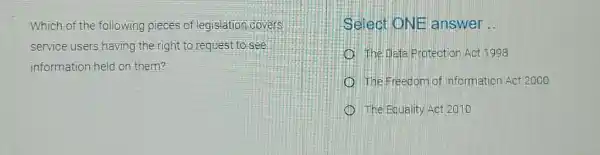 Which of the following pieces of legislation cover's service users having the right to request to see information held on them? Select ONE answer .. The Data Protection Act 1998 The Freedom of Information Act 2000 The Equality Act 2010
