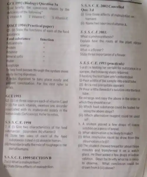 GCE I 992 (Biology) Ouestion 3a State briefly, the symptoms shown by the deficiency of the following" Vitamin A Vitamin C Vitamink SSSCE 1994 (Practical paper) Q5. (b) State the functions of each of the food substance Foodsubstance function Fatsandoils Protein Vitamins Mineral salts Water Roughage To help food passes through the system move easily during digestion. It heips digestion to take place easily and prevent constipation. For the rest refer to notes. GCE 1993 Q3. (i) List three sources each of vitamin C and D (ii) For each vitamin, mention one disorder associated with its inadequate supply in the human body (Deficiency). Refer to notes. S.S.S.C. E. 1998 2. d. (i) Give two characteristics of the food substances: (a) protein (b) vitamin D (ii) State two uses of each of the food substances listed in (i) above to human. (iii) Describe briefly the role of roughage in the diet of humans. S.S.S.C.E. 1999 SECTION B 2 a (i) What is malnutrition? (ii) State three effects of malnutrition. S.S.S, C. E. 2002 Cancelled Que. 3d (i) Give three effects of malnutrition on humans (ii) Name two sources of vitamin A. S.S.S.C.E. 2003. What is photosynthesis? Explain how the roots of the plant obtain energy. What is a flower? State three importance of a flower. S.S.S. C.E. 1993 (practicals) 5 a (i) In testing for certain for substance in a sample, the following steps required: F-heating the test tube until contents boil II-Pour a little of the sample into a test tube III-Brick-red precipitate appears IV-Pour a little Benedict's solution into the test tube. Re-arrange and copy the above in the order in which they should occur. (ii) Which food substance could be tested for using the above steps? (iii) Which alternative reagent could be used in? b. A student placed a few drops of iodine solution on a piece of bread. (i) What observation is he likely to make? (ii) What conclusion could be draw from the observation in b (i)? (iii) The student chewed bread for about three minutes and transferred it on a watch glass. He then added a few drops of iodine solution. Describe briefly what he is likely to observe. What conclusion could be drawn from b (iii) above?