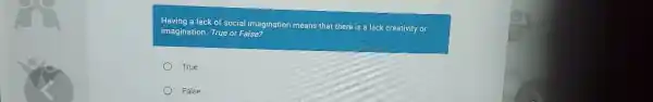 Having a lack of social imagination means that there is a lack creativity or imagination. True or False? True False