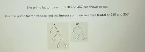 The prime factor trees for 210 and 357 are shown below. Use the prime factor trees to find the lowest common multiple (LCM) of 210 and 357.