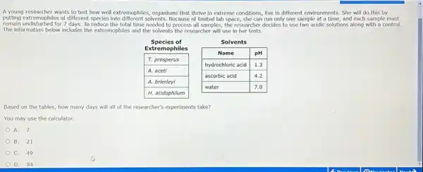 A young researcher wants to test how well extremophiles, organisms that thrive in extreme conditions, live in different environments. She will do this by putting extremophiles of different species into different solvents. Because of limited lab space, she can run only one sample at a time, and each sample must remain undisturbed for 7 days. To reduce the total time needed to process all samples, the researcher decides to use two acidic solutions along with a control. The information below includes the extremophiles and the solvents the researcher will use in her tests. Species of Extremophiles T. prosperus A. aceti A. brierleyi H. acidophilum T. prosperus A. aceti A. brierleyi H. acidophilum Solvents Name pH hydrochloric acid 1.3 ascorbic acid 4.2 water 7.0 Name	pH hydrochloric acid	1.3 ascorbic acid	4.2 water	7.0 Based on the tables, how many days will all of the researcher's experiments take? You may use the calculator. A. 7 B. 21 C. 49 D. 84