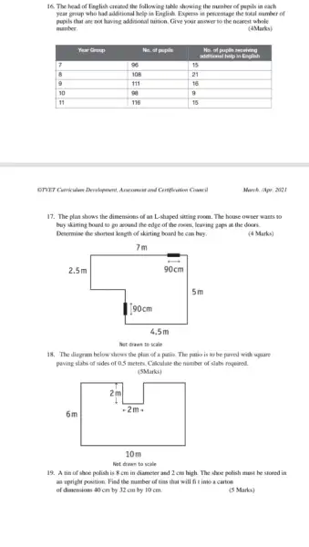 16. The head of English created the following table showing the number of pupils in each
year group who had additional help in English Express in percentage the total number of
pupils that are not having additional tuition. Give your answer to the nearest whole
number.	(4Marks)
Year Group	No, of pupils
additional help in English
square  96	15 square  square 
square  disappointed square  21 square 
9 square  111 square  square  16
square  square  9 square 
square  disappointed square  disappointed square  disappointed
ONET Curriculum Development, Assessment and Certification Council
17. The plan shows the dimensions of an L-shaped sitting room. The house owner wants to
buy skirting board to go around the edge of the room, leaving gaps at the doors.
Determine the shortest length of skirting board he can buy.	(4 Marks)
Not drawn to scale
18. The diagram below shows the plan of a patio. The patio is to be paved with square
paving slabs of sides of 0.5 meters. Calculate the number of slabs required.
(5Marks)
Not drawn to scale
19. A tin of shoe polish is 8 cm in diameter and 2 cm high. The shoe polish must be stored in
an upright position. Find the number of tins that will fit into a carton
of dimensions 40 cm by 32 cm by 10 cm.
(5 Marks)
March. /Apr. 2021
