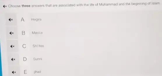 4x Choose three answers that are associated with the life of Muhammad and the beginning of Islam
A
Hegira
B
Mecca
C Shi'ites
D
Sunni
E
jihad