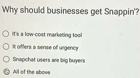 Why should businesses get Snappin'?
It's a low-cost marketing tool
It offers a sense of urgency
Snapchat users are big buyers
All of the above