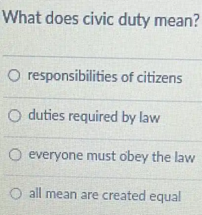 What does civic duty mean?
responsibilities of citizens
duties required by law
everyone must obey the law
all mean are created equal