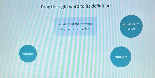 Drag the right word to its definition
an amount that is more
than what is needed.
equilibrium
price
surplus
market