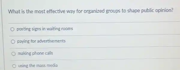 What is the most effective way for organized groups to shape public opinion?
posting signs in waiting rooms
paying for advertisements
making phone calls
using the mass media