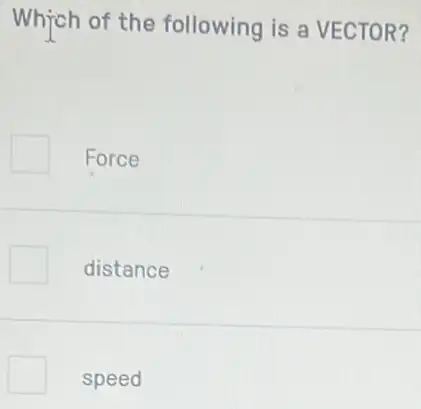 Which of the following is a VECTOR?
Force
distance
speed