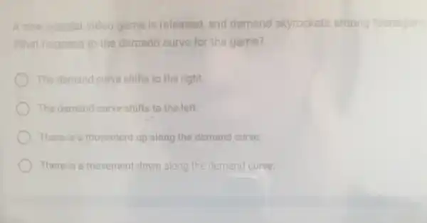 A new popular or video game is released, and demand skyrockets among teenagers
What happens to the demand curve for the game?
The demand curve shifts to the right.
The demand curve shifts to the left.
There is a movement up along the demand curve.
There is a movement down along the demand curve.