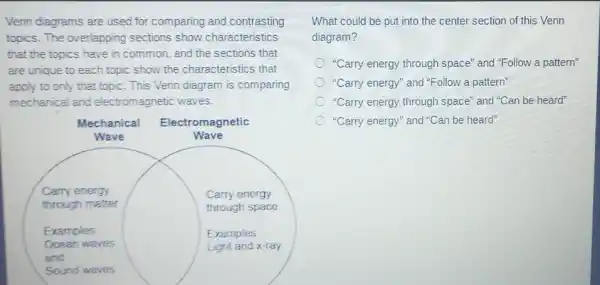 Venn diagrams are used for comparing and contrasting topics. The overlapping sections show characteristics that the topics have in common, and the sections that are unique to each topic show the characteristics that apply to only that topic. This Venn diagram is comparing mechanical and electromagnetic waves.
What could be put into the center section of this Venn diagram?
"Carry energy through space" and "Follow a pattern"
"Carry energy" and "Follow a pattern"
"Carry energy through space" and "Can be heard"
"Carry energy" and "Can be heard"