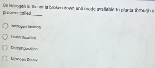 08 Nitrogen in the air is broken down and made available to plants through a
process called __
Nitrogen fixation
Denitrification
Decomposition
Nitrogen Decay