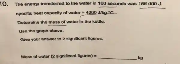 10. The energy transferred to the water in 100 seconds was 155000 J.
specifi hheat eapacity of weler=4200.MKg=^circ C
Determine the mass of water in the kettle.
Use the graph above.
Give your answer to 2 significant figures.
Mass of water (2 slgniffcennt figures)=