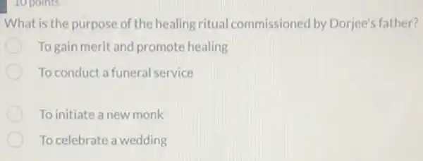 10 points
What is the purpose of the healing ritual commissioned by Doriee's father?
To gain merit and promote healing
To conduct a funeral service
To initiate a new monk
To celebrate a wedding