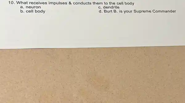 10. What receives impulses & conducts them to the cell body
a. neuron
C. dendrite
b. cell body
d. Burt B. is your Supreme Commander