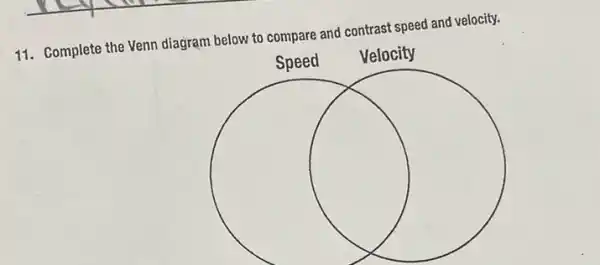 11. Complete the Venn diagram below to compare and contrast speed and velocity.
square 
Velocity