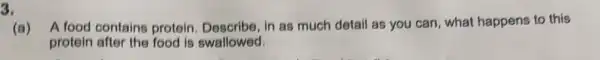 3.
(a) A food contains protein in as much detail as you can, what happens to this
protein after the food is swallowed.
