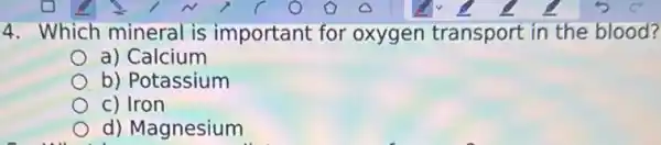 4. Which mineral is important for oxygen transport in the blood?
a) Calcium
b) Potassium
c) Iron
d) Magnesium