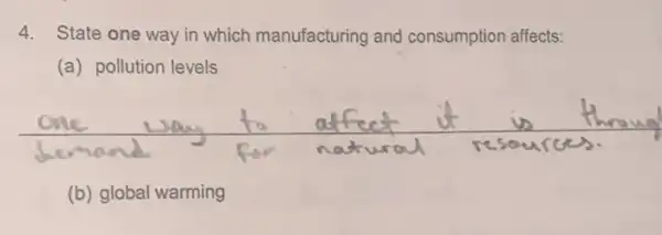 4. State one way in which manufacturing and consumption affects:
(a) pollution levels
(b) global warming