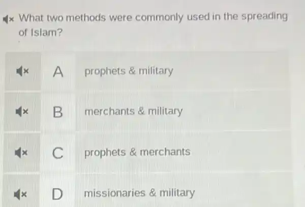 4 times What two methods were commonly used in the spreading of Islam?
4x A prophets & military
4x B merchants & military
4x C prophets & merchants
4x D missionaries & military