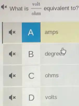 4 times What is ( ( volt ))/( ( ohm )) equivalent to?

 4 x & A & amps 
 4 x & B & degrees 
 4 x & C & ohms 
 4 x & D & volts