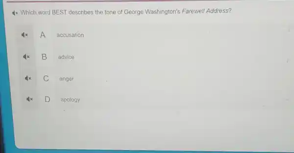 4x Which word BEST describes the tone of George Washington's Farewell Address?
A accusation
B advice
C anger
D apology