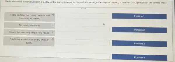 Abe is a business owner developing a quality control testing process for his products. Arrange the steps of creating a quality control process in the correct order.
Refine and improve quality methods and measures as needed
Set quality standards
Review the internal quality testing results
Position 1
Position 2
Establish the method of testing product quality
Position 3
Position 4