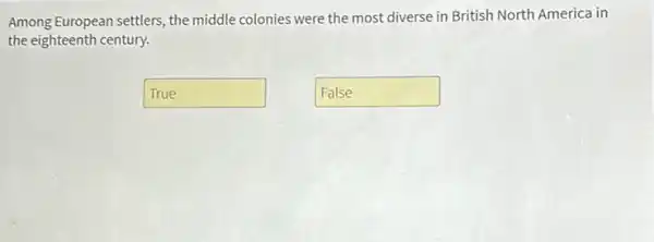 Among European settlers, the middle colonies were the most diverse in British North America in
the eighteenth century.
True disappointed
False politician