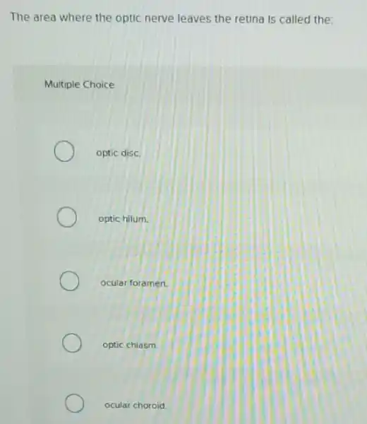 The area where the optic nerve leaves the retina is called the:
Multiple Choice
optic disc.
optic hilum.
ocular foramen.
optic chiasm.
ocular choroid