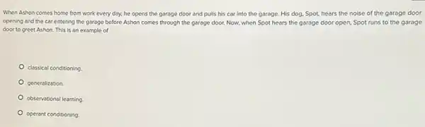 When Ashon comes home from work every day.he opens the garage door and pulls his car into the garage.His dog, Spot, hears the noise of the garage door
opening and the car entering the garage before Ashon comes through the garage door, Now, when Spot hears the garage door open, Spot runs to the garage
door to greet Ashon This is an example of
classical conditioning
generalization
observational learning
operant conditioning