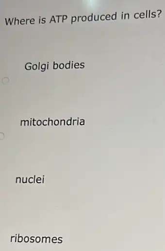 Where is ATP produced in cells?
Golgi bodies
mitochondria
nuclei
ribosomes