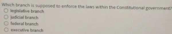 Which branch is supposed to enforce the laws within the Constitutional government?
legislative branch
judicial branch
federal branch
executive branch