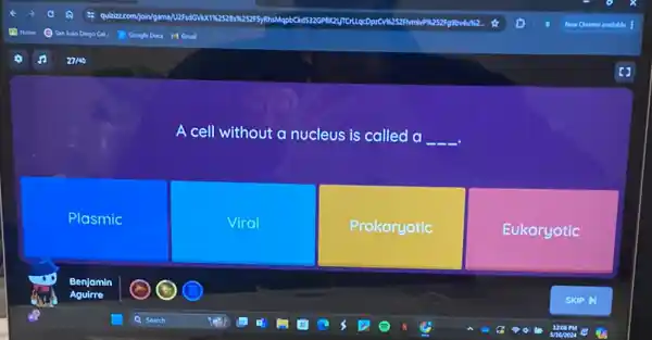 A cell without a nucleus is called a __
Plasmic
Viral
Prokaryotic
Eukaryotic