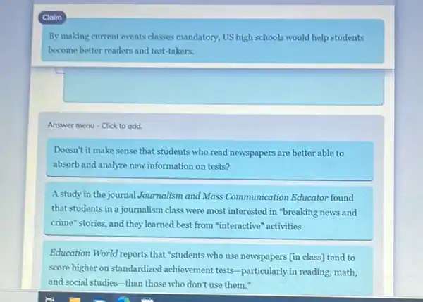 Claim
By making current events classes mandatory, US high schools would help students
become better maders and test-takers.
Answer menu - Click to add.
Doesn't it make sense that students who read newspapers are better able to
absorb and analyze new information on tests?
A study in the journal Journalism and Mass Communication Educator found
that students in a journalism class were most interested in "breaking news and
crime"stories, and they learned best from "interactive activities.
Education World reports that "students who use newspapers [in class] tend to
score higher on standardized achievement tests-particularly in reading, math,
and social studies-than those who don't use them."