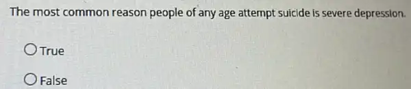 The most common reason people of any age attempt suicide is severe depression.
True
False