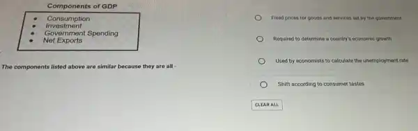 Components of GDP
Investment
Consumption
Net Exports
Government Spending
The components listed above are similar because they are all -
Fixed prices for goods and services set by the government
Required to determine a country's economic growth
Used by economists to calculate the unemployment rate
Shift according to consumer tastes