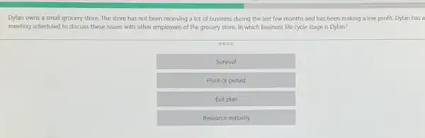 Dylan owns a small grocery store. The store has not been receiving a lot of business during the last few months and has been making a low profit.Dylan has a
meeting scheduled to discuss these issues with other employees of the grocery store. In which business life cycle stage is Dylan?
0000
Survival
Pivot or persist
Exit plan
Resource maturity