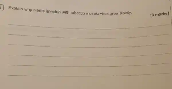 Explain why plants infected with tobacco mosaic virus grow slowly.
[3 marks]