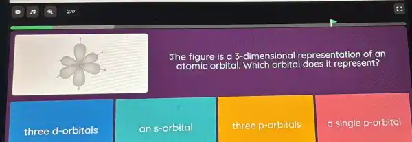 The figure is a 3-dimensional rep representation of an
atomic orbital.represent?
three d-orbitals
an s-orbital
three p-orbitals
a single p-orbital