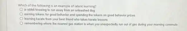 Which of the following is an example of latent learning?
a rabbit knowing to run away from an unleashed dog
earning tokens for good behavior and spending the tokens on good behavior prizes
learning karate from your best friend who takes karate lessons
remembering where the nearest gas station is when you unexpectedly run out of gas during your morning commute