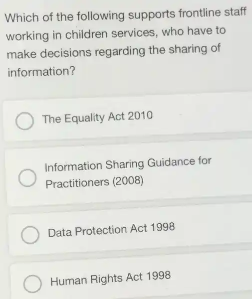 Which of the following supports frontline staff
working in children services , who have to
make decisions regarding the sharing of
information?
The Equality Act 2010
Information Sharing Guidance for
Practitioners (2008)
Data Protection Act 1998
Human Rights Act 1998