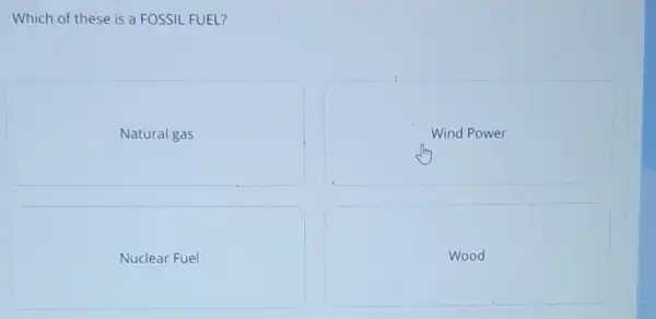 Which of these is a FOSSIL FUEL?
Natural gas
Nuclear Fuel
Wind Power
Wood