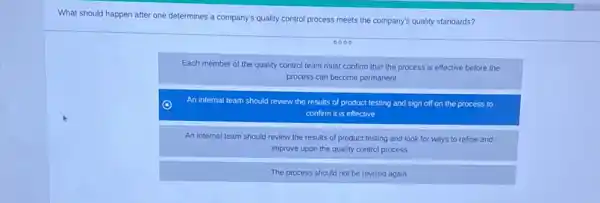 What should happen after one determines a company's quality control process meets the company's quality standards?
Each member of the quality control team must confirm that the process is effective before the
process can become permanent
An internal al team should review the results of product testing and sign off on the process to
confirm it is effective
An internal team should review the results of product testing and look for ways to refine and
improve upon the quality control process
The process should not be revised again