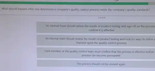 What should happen after one determines a company's quality control process meets the company's quality standards?
0000
An internal team should review the results of product testing and sign off on the process
confirm it is effective
An internal team should review the results of product testing and look for ways to refine a
improve upon the quality control process
Each member of the quality control team must confirm that the process is effective before
process can become permanent
The process should not be revised again