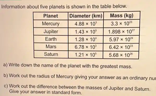 Information about five planets is shown in the table below.

 Planet & Diameter (mathrm(km)) & Mass (mathrm(kg)) 
 Mercury & 4.88 times 10^3 & 3.3 times 10^23 
 Jupiter & 1.43 times 10^5 & 1.898 times 10^27 
 Earth & 1.28 times 10^4 & 5.97 times 10^24 
 Mars & 6.78 times 10^3 & 6.42 times 10^23 
 Saturn & 1.21 times 10^5 & 5.68 times 10^26 


a) Write down the name of the planet with the greatest mass.
b) Work out the radius of Mercury giving your answer as an ordinary nur
c) Work out the difference between the masses of Jupiter and Saturn. Give your answer in standard form.