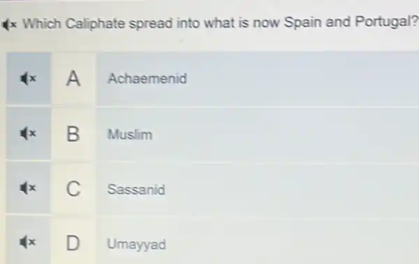 Ix Which Caliphate spread into what is now Spain and Portugal?
A
Achaemenid
B
Muslim
C
Sassanid
D
Umayyad