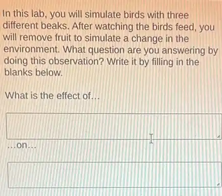 In this lab, you will simulate birds with three
different beaks. After watching the birds feed , you
will remove fruit to simulate a change in the
environment. What question are you answering by
doing this observation ? Write it by filling in the
blanks below.
What is the effect of __
on.
square