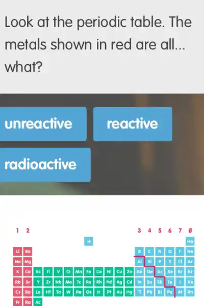 Look at the periodic table . The
metals shown in red are all __
what?
unreactive
reactive
radioactive