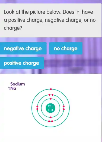 Look at the picture below . Does 'n'have
a positive charge , negative charge, or no
charge?
negative charge
no charge
positive charge