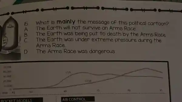 What is mainly the message of this political cartoon?
B The Earth will not survive an Arms Race.
B The Earth was being put to death by the Arms Race
C The Earth was under extreme pressure during the
Arms Race.
D The Arms Race was dangerous